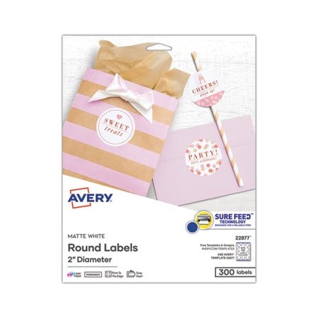 Avery Dennison Avery, ROUND PRINT-TO-THE EDGE LABELS WITH SUREFEED AND EASYPEEL, 2in DIA., WHITE, 300PK 22877